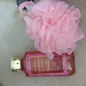 Pinkberry Cloud shower geo and pink bath poof